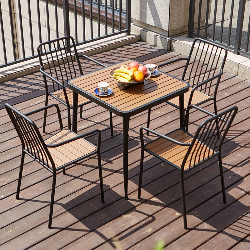 Simple plastic wooden outdoor tables and chair combination rural courtyard waterproof, anti -corrosion, rectangular table open -sky garden iron bubble tea table