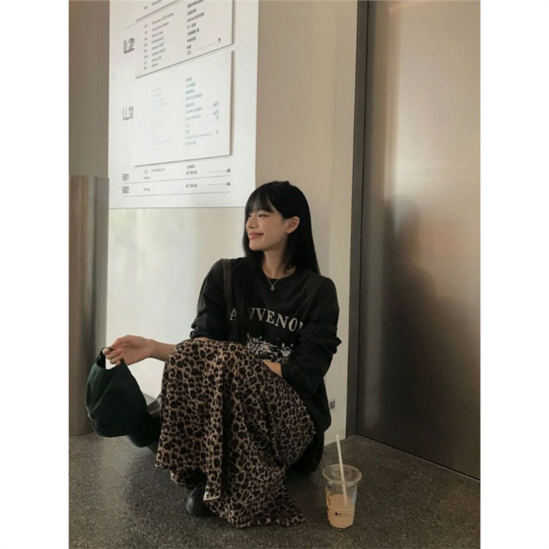 美式印花中长款卫衣+豹纹半身裙女2025年秋季新款韩版时尚套装潮|undefined