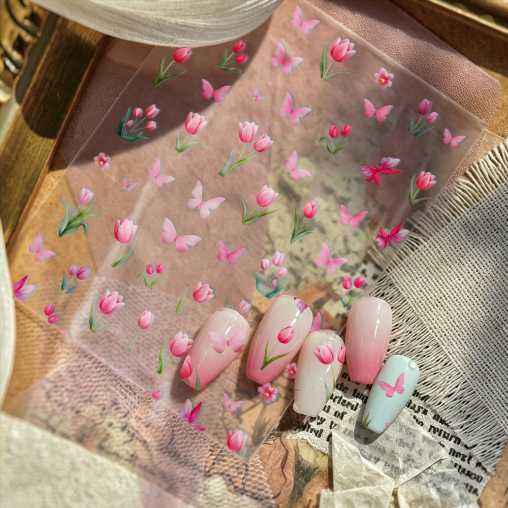 Cross-Border Three-Dimensional Colorful Butterfly Nail Stickers for Girls, Self-Adhesive Tulip Flower Nail Decorations