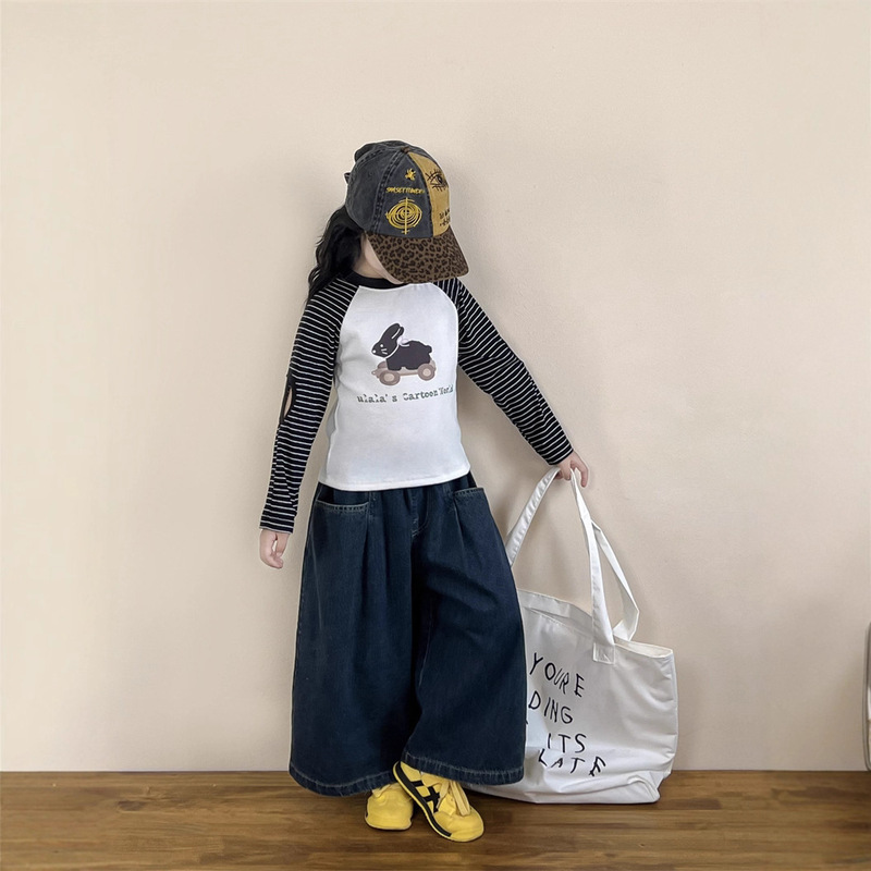 2026 Spring New Korean Style Children's Clothing Girls' Patchwork Striped Sleeve Round Neck T-Shirt Cartoon Rabbit Print Base Shirt