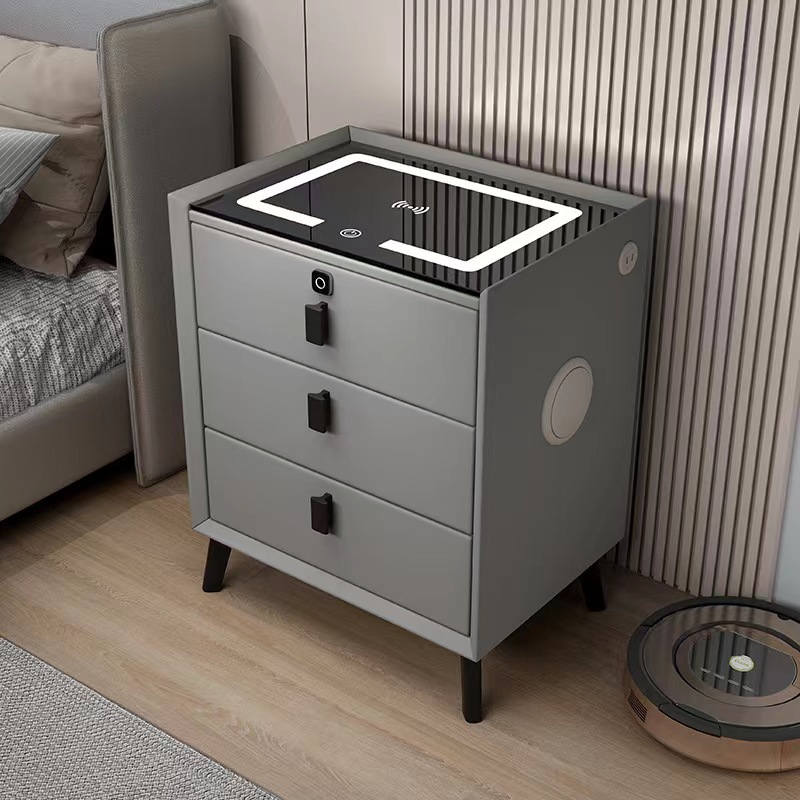 Mesa de cabecera inteligente de madera sólida de tres tiros gabinete multifuncional para dormitorios domésticos muebles modernos y simples armario de cabecera