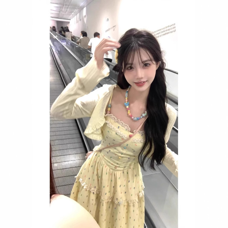 Candy Sweetheart French Long Dress Women's Summer Waist Slimming Lace Splicing Suspender Dress Women's High Waist Slimming