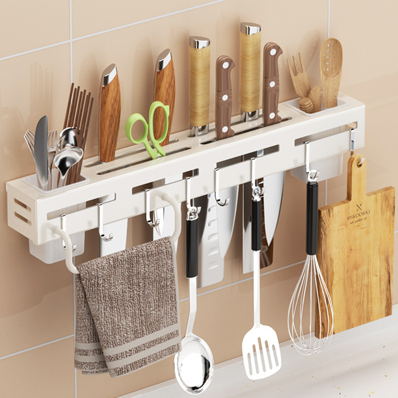 Knife Holder Wall-mounted Punch-free Kitchen Supplies Multifunctional Kitchen Knife Holder Knife Chopsticks Holder Integrated Storage Rack