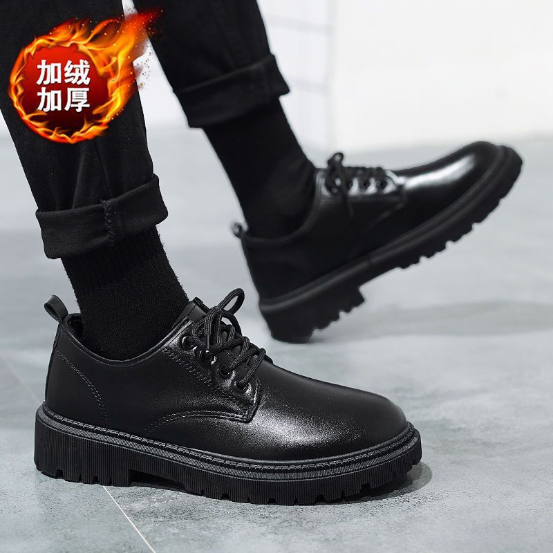 2025冬季加绒棉鞋男士休闲皮鞋大头鞋英伦工装鞋子黑色浅口潮男鞋