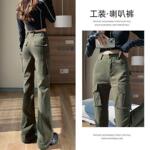 军绿色微喇工装裤女2025春秋新款高腰显瘦高个子加长美式喇叭裤子