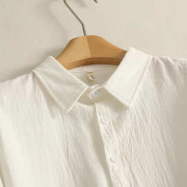 实拍 文艺宽松大版亚麻白衬衫中长款长袖纯色衬衣
