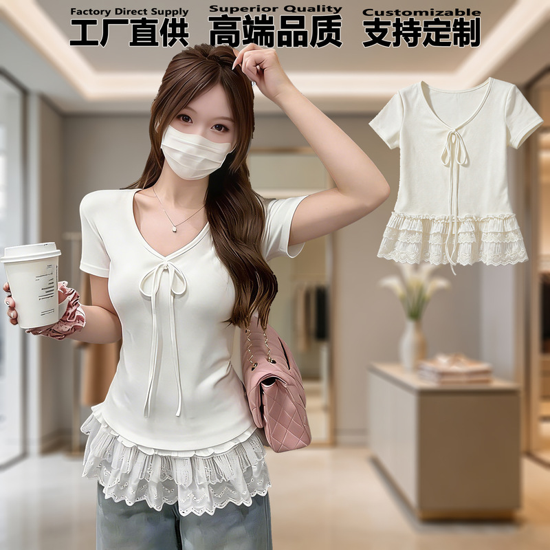 Customized Short-Sleeved Women's V-Neck Lace-Up Lace Summer Slim-Fit Korean Style Pure Cotton T-Shirt Women's New Style Top Clothing Customized Short-Sleeved Women's V-Neck Lace-Up Lace Summer Slim-Fit Korean Style Pure Cotton T-Shirt Women's New Style Top Clothing