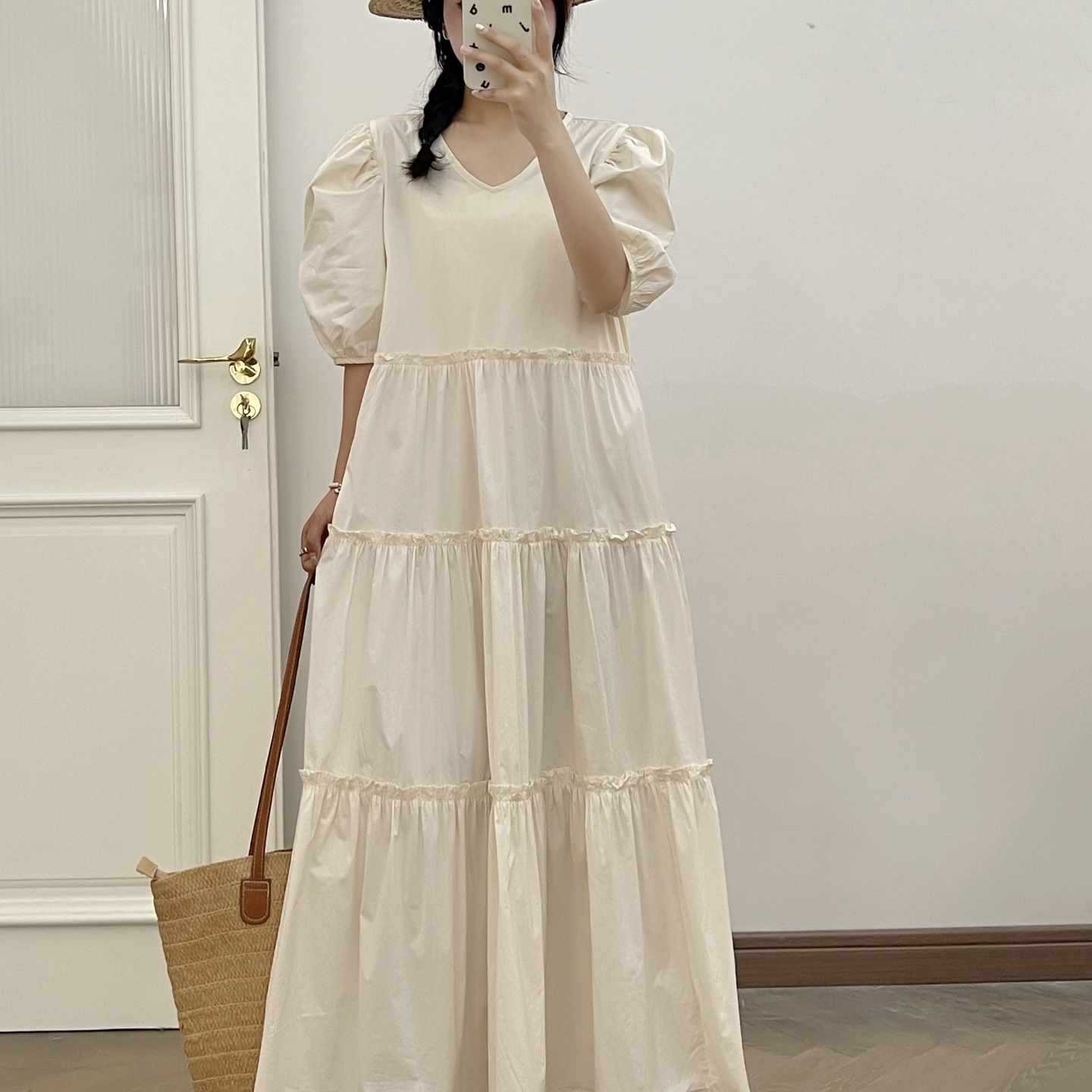秋姿丽2025春新款日系纯棉泡泡袖连衣裙女宽松显瘦长袖减龄蛋糕裙