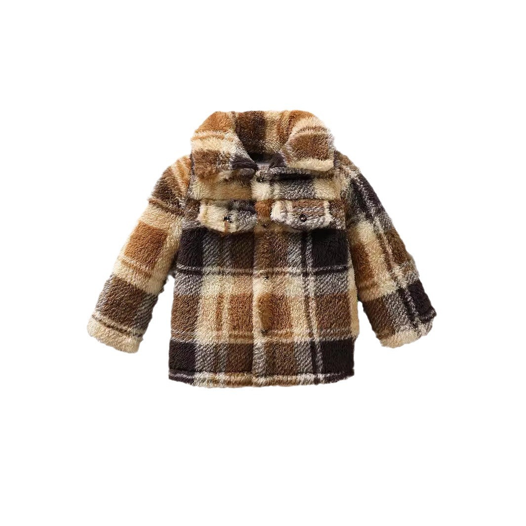 가을 | 겨울 2024 새로운  소년 야외 재킷 양털 모피 옷깃 체크 무늬 코트 머리카락 세대