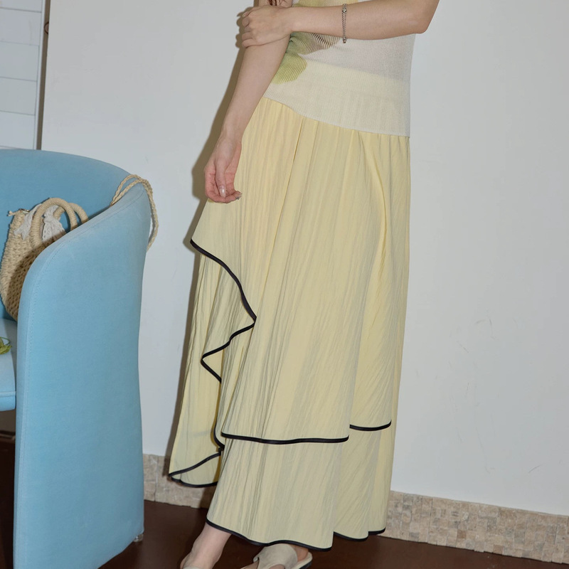 Trendy Design Yellow Color-Blocked Cake Skirt for Women 2026 Summer High-Waisted Irregular A-Line Long Skirt Trendy Design Yellow Color-Blocked Cake Skirt for Women 2026 Summer High-Waisted Irregular A-Line Long Skirt