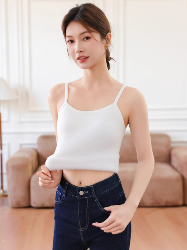 秋冬加绒加厚莫代尔仿貂毛一体绒针织吊带保暖内搭休闲打底背心女|undefined