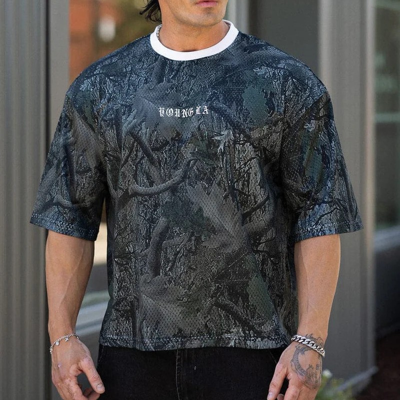 Youngla New Men's T-Shirt Jogger Muscle Sports Fitness Quick-Drying Breathable Printed Casual Trend Short Sleeve