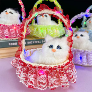 Hot sale simulation plush pet lace basket cat with music animal cat toy children birthday gift