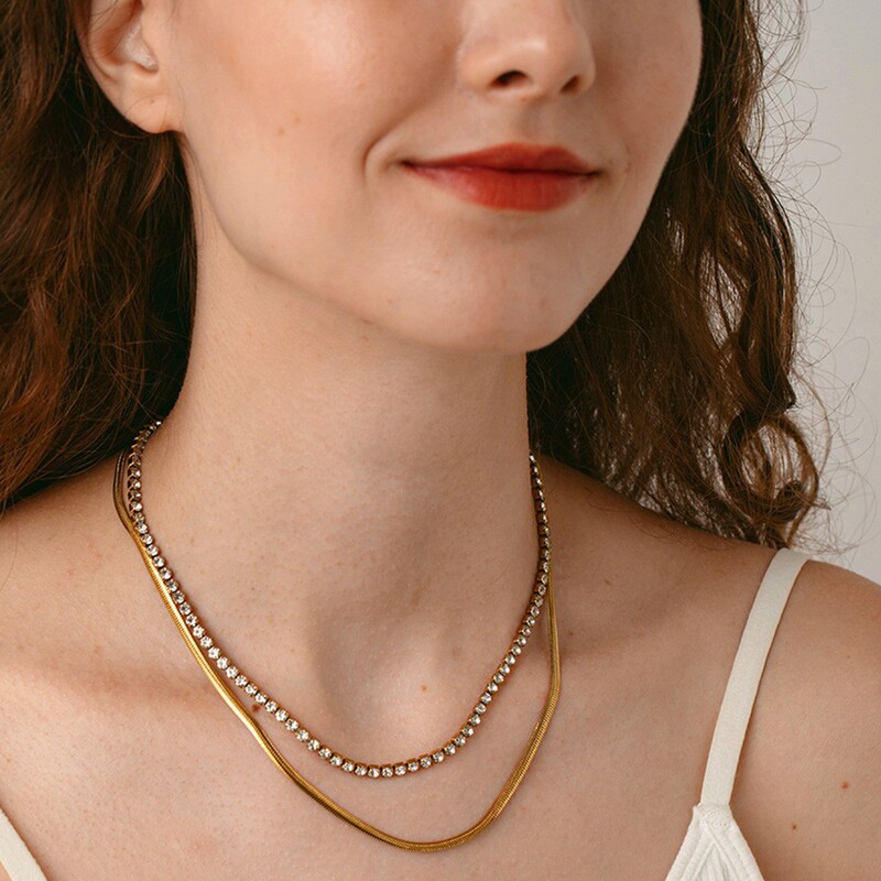 European and American Ins Accessible Luxury Versatile Tennis Chain Snake Chain Double-Layer Necklace Plated with 18K Gold Stainless Steel Waterproof Stacked Clavicle Chain