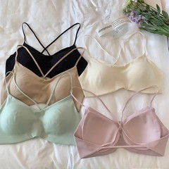 原版细肩带交叉美背内衣女夏薄款小胸聚拢防下垂无痕文胸罩