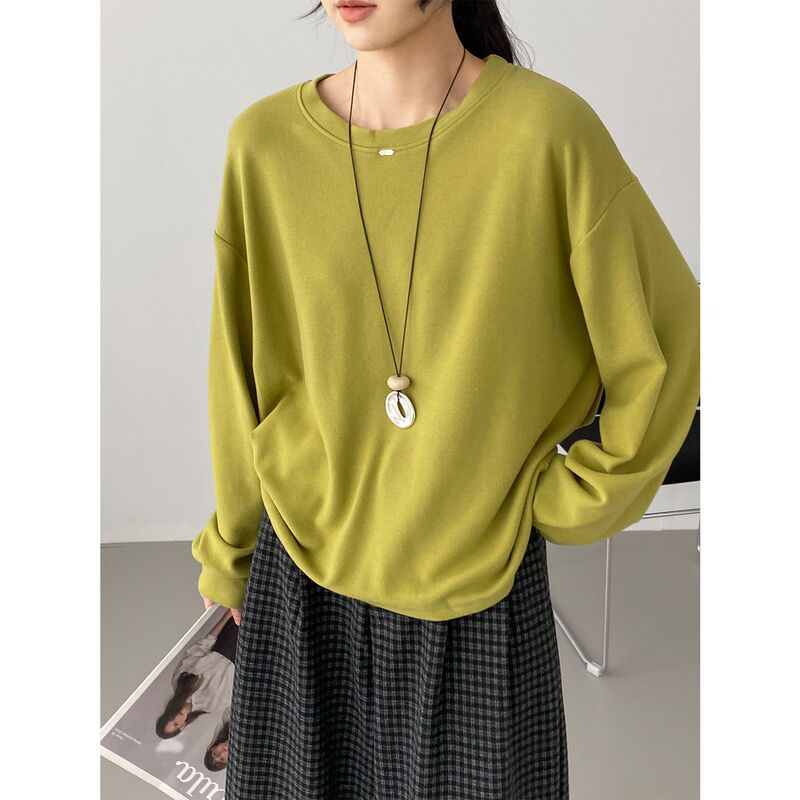 That's Classic and Versatile! Korean Round Neck Thickeneded Loose Sweatshirt Women's Lazy Style Casual Long-Sleeved T-Shirt G9058