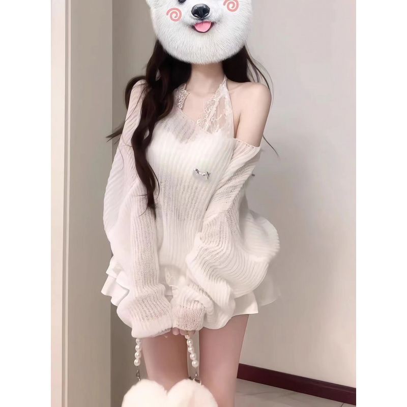 (2개) 세트 여성의 가을 뜨거운 소녀 어깨 긴 소매 니트 탑 레이스 서스펜더 높은 허리 스커트