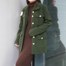 外贸跨境欧美女装秋冬款军绿色毛绒翻领针织外套女针织衫批发厂家