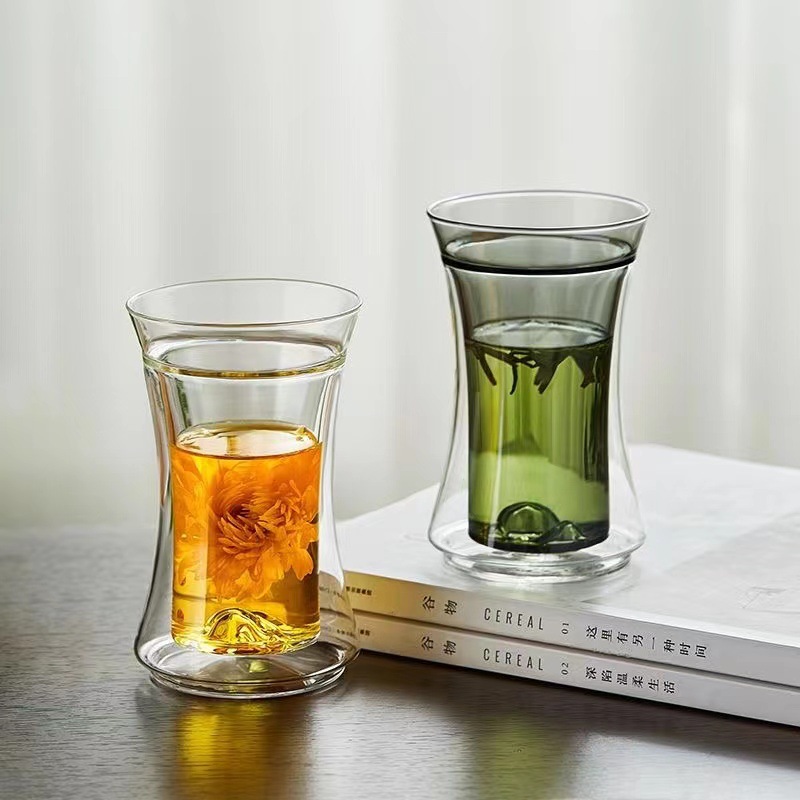 High borosilicate glass double-layer cup, mountain-view cup, household glass tea cup, green tea cup, tea brewing cup, heat-resistant tea cup