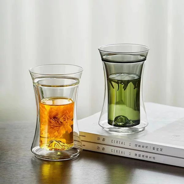 High borosilicate glass double-layer cup, mountain-view cup, household glass tea cup, green tea cup, tea brewing cup, heat-resistant tea cup