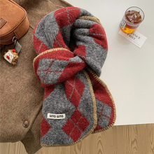 针织围巾女2025冬季新款时尚百搭软糯菱形格子含羊毛加厚保暖围脖