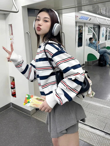 Vintage striped regular-shoulder long-sleeve women's T-shirt,  new design, small and exclusive large-sized top