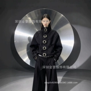 暗黑系朋克风黑色金属圆环立领设计酷感外套男女同款无帽卫衣