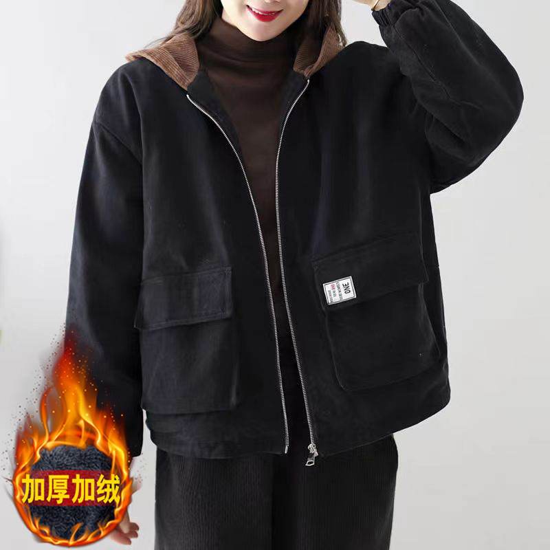 2025冬季新款宽松复古休闲夹克工装棉服拼接连帽加绒厚外套女