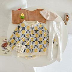 2023春秋棉質毛線包屁衣 女寶寶小香風三角哈衣多件套 向日葵毛衣