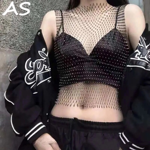 2024 European and American Amazon rhinestone fishnet top summer electronic syllable mesh rhinestone flash diamond women's short-sleeved vest