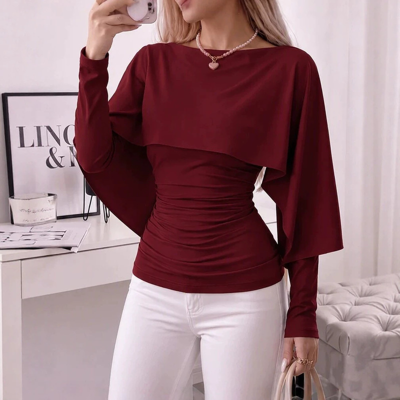 2026 Autumn Cross-Border New European and American Style Elegant Slim-Fit Pleated Waist-Cinching Cape Sleeve Boat Neck Faux Two-Piece Top