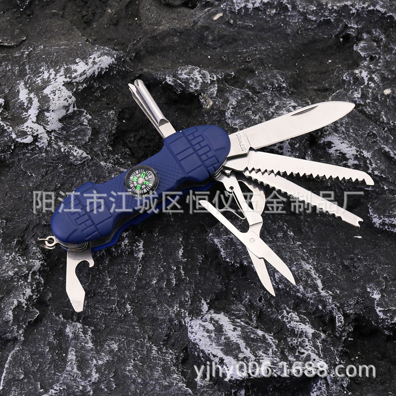 供应11功能小刀 不锈钢折刀小刀 多功能带指南针户外小刀礼品