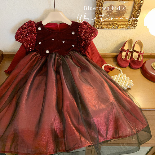 Children's clothing, girls' advanced heavy-duty dress, autumn and winter sleeves, thickened skirt, velvet dress, baby girl's birthday princess dress
