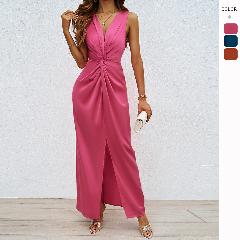 Amazon 2026 Summer European and American Women's Clothing Elegant Twist Sleeveless V-Neck Slit Slim Fit Dress for Women
