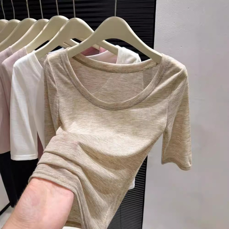 U-Neck Tencel Thin Mid-Sleeve Top 2026 New Low-Cut Five-Quarter Sleeve Regular Shoulder T-Shirt for Women, Ultra-Thin Short-Sleeve Knit Top for Women
