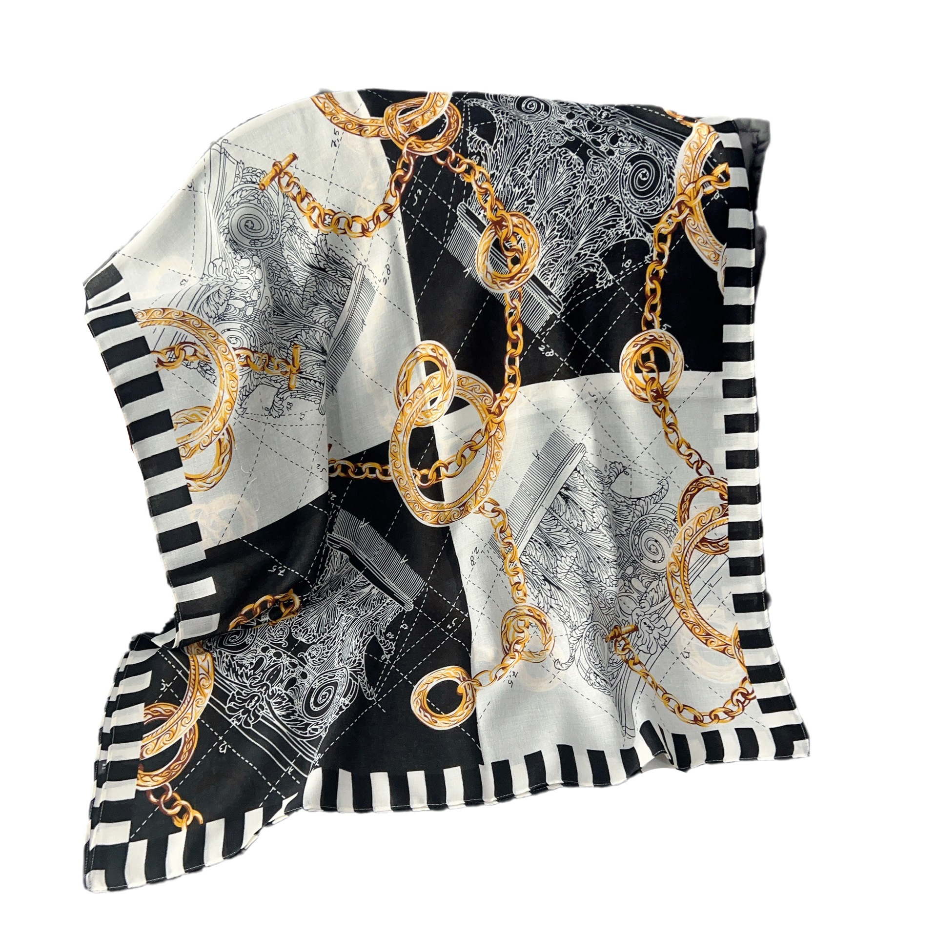 Nuevo pañuelo de algodón y lino con estampado de cadena para mujer, chal moderno y elegante para la primavera de 2024, pañuelo decorativo cálido para el cuello, en stock.