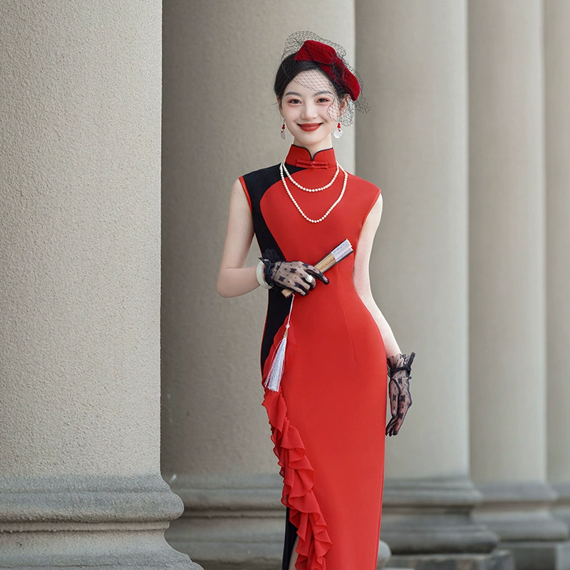 Новый Cheongsam улучшенная версия ретро с длинными рюшами Cheongsam старый шанхайский темперамент тонкий молодой Cheongsam 2025