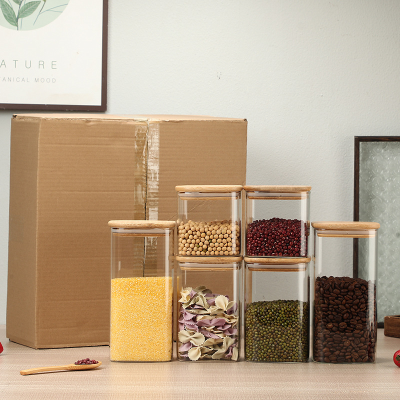 Tapa cuadrada de bambú Tarro de vidrio de 6 piezas Traje de algodón de perlas Caja de almacenamiento de frutas secas Botella de almacenamiento transparente de borosilicato al por mayor