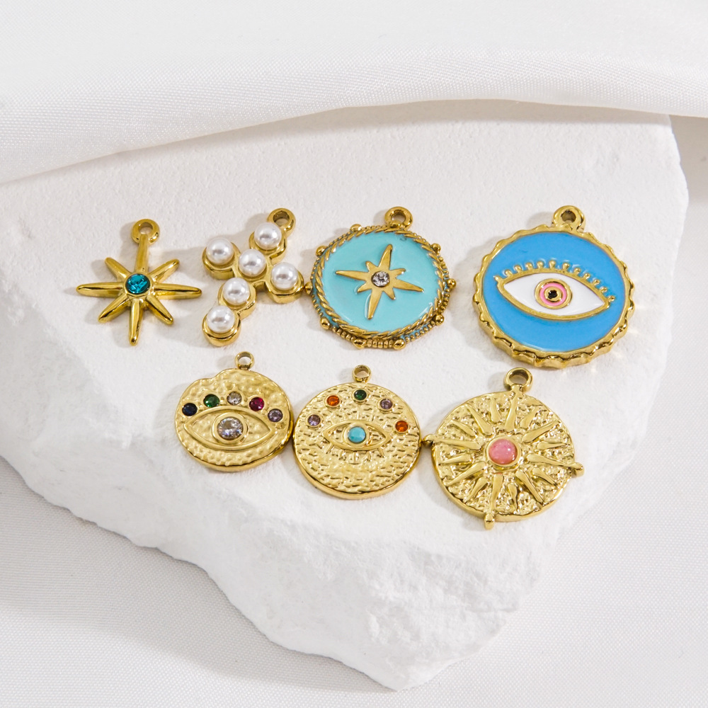 1 Piece 304 Stainless Steel Natural Stone Rhinestones Pearl PVD Coated 14K Gold Real Gold Plated Cross Round Devil'S Eye Item No: NH10293748