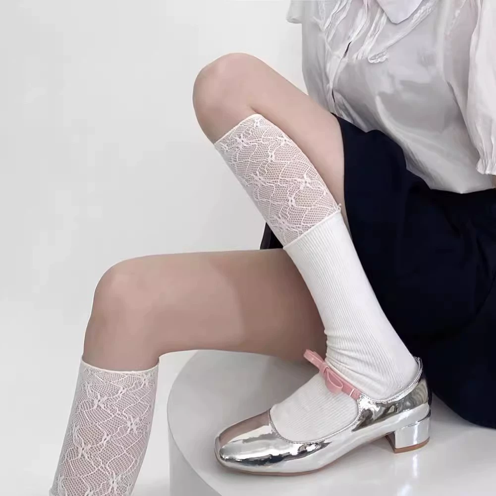 White lace autumn high boots, knee socks, gaiters