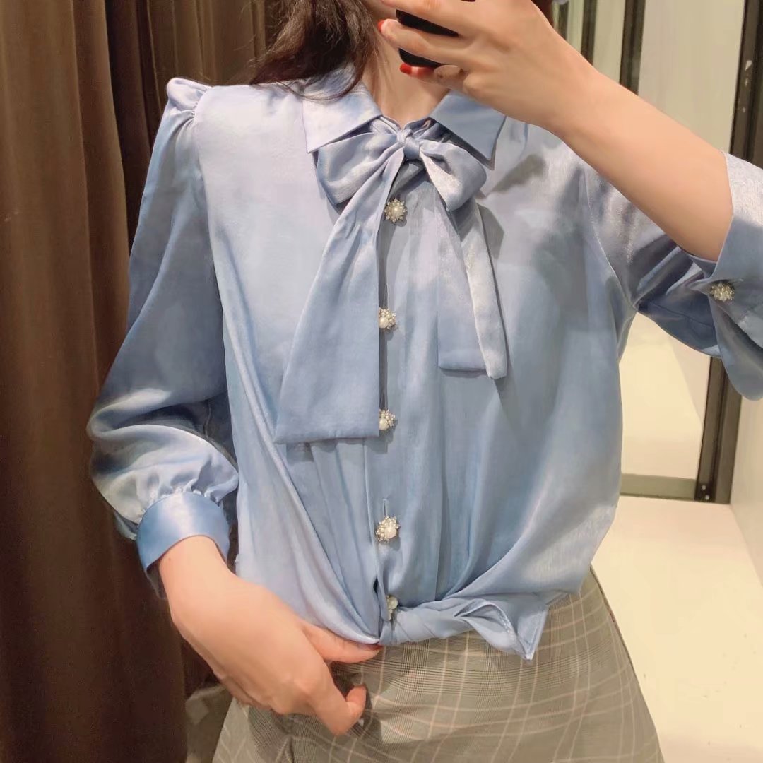 women s jewelry silk satin texture bow tie long sleeve shirt nihaostyles clothing wholesale NSAM72114