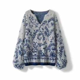 国风青花瓷 皇室拉绒软糯拉绒羊毛衫女剪刀领宽松显瘦时尚毛衣