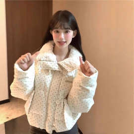 韩系设计波点棉服保暖毛领冬甜美新款加厚宽松棉袄短款面包服外套