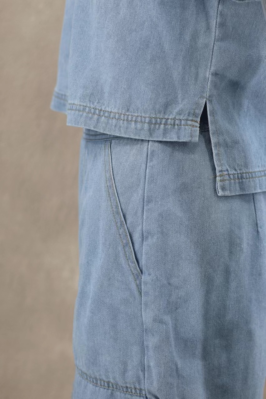 Comfort Casual Denim Women Summer Loose Slimming Polo Short Sleeve Shirt Irregular Asymmetric Pantskirt Two Piece Set