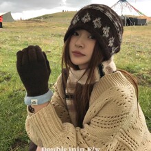 针织毛线秋冬季费尔岛保暖含显脸包头帽提花帽子女复古羊毛卷边小