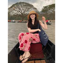 法式优雅甜美玫瑰气质印花睡裤女2026春秋季新款宽松舒适大码长裤