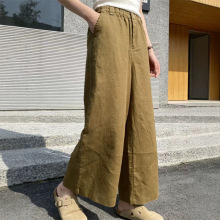 2026年夏季新款宽松阔腿亚麻休闲裤女米白色松紧腰直筒裤显瘦百搭