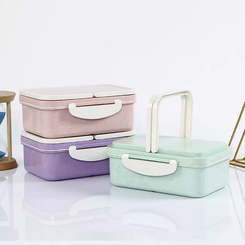 厂家批发小麦秸秆手提便当盒三格大容量饭盒带叉勺双层日式外带