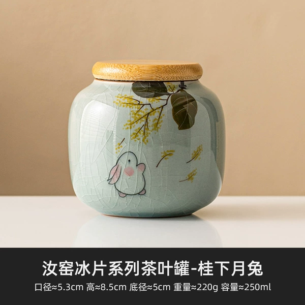 Ru Kiln Botanical Tea Can_Pure Hand-painted Golden Osmanthus Moon Rabbit