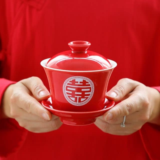 结婚用品改口敬茶杯套装一对喜盖碗子婚礼红色茶具敬酒陪嫁大全